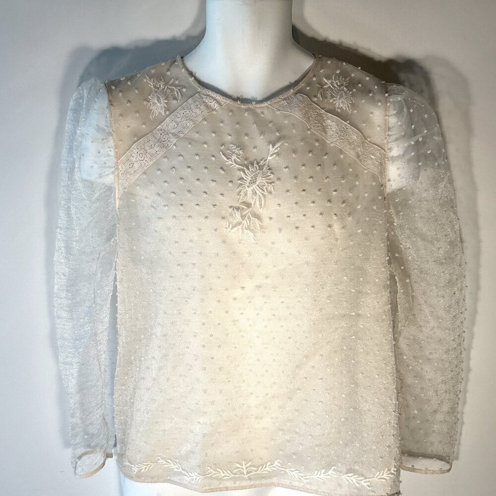 ZARA SZ XL Cream Swiss Dot Sheer Top Fairy Cottage Romantic Feminine Boho Glam